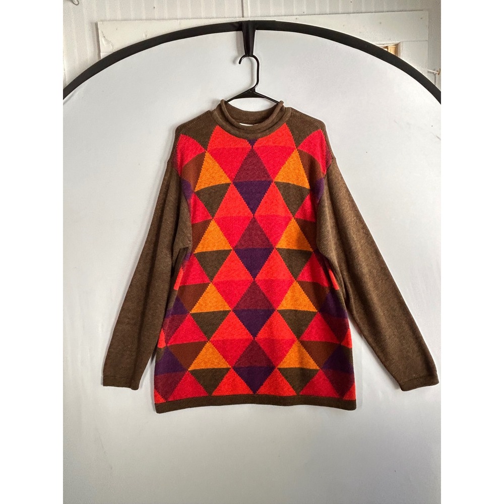 VTG‎ Cotton Knit Argyle Mock Neck Long Sleeve Tunic Sweater Multicolor Teacher